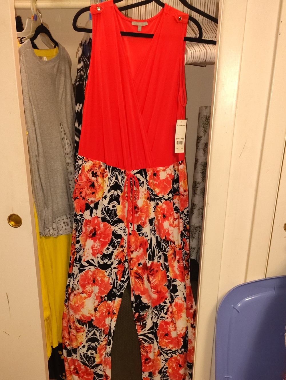 NY Collection Coral & Black Floral Sleeveless Jumpsuit